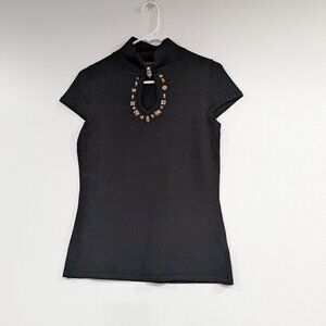 *3/$10* Jana Bejeweled Keyhole Mock Neck Short Sleeve Top Black Size Medium